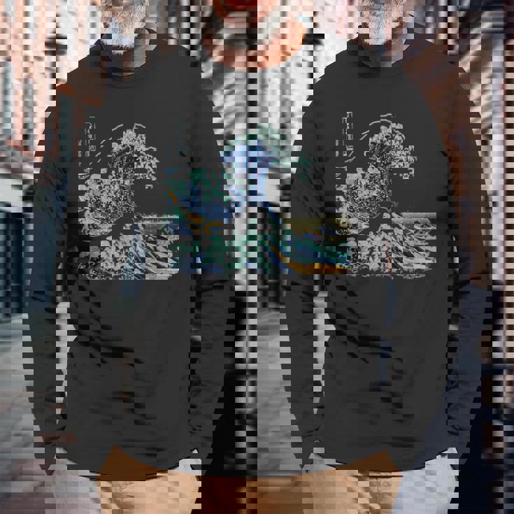 葛飾 北斎 神奈川沖浪裏 有名なヴィンテージアート スタイリッシュ Great Wave Hokusaitylish 長袖Tシャツ 高齢者への贈り物