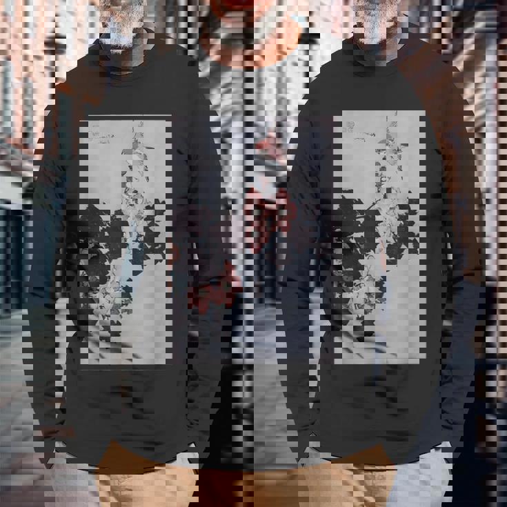 葛飾北斎作 ハイビスカスとスズメ 長袖Tシャツ 高齢者への贈り物