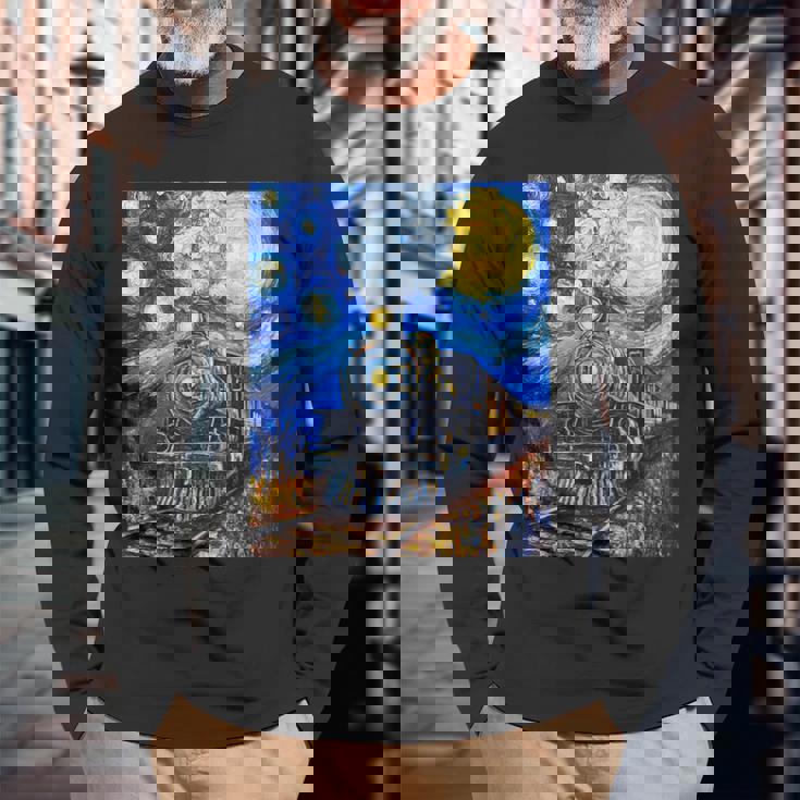 蒸気機関 蒸気機関車 ヴィンテージ ゴッホ 機関車 列車 長袖Tシャツ 高齢者への贈り物