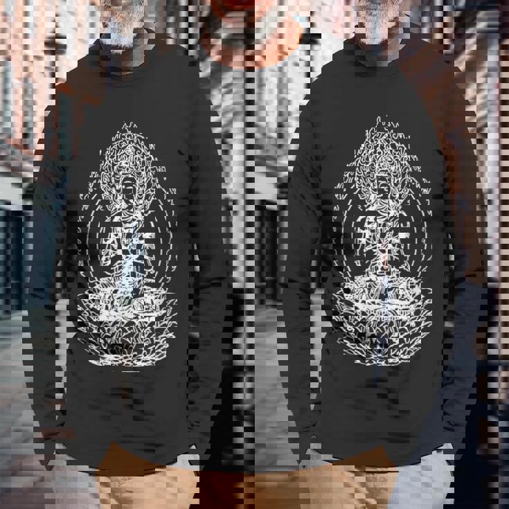 蓮の花の仏像 菩薩 仏教 宗教 長袖Tシャツ 高齢者への贈り物