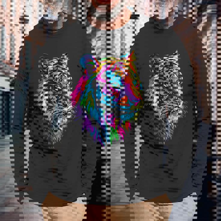 虎 大型猫 野生動物 虎 猫好き かわいい虎 長袖Tシャツ 高齢者への贈り物