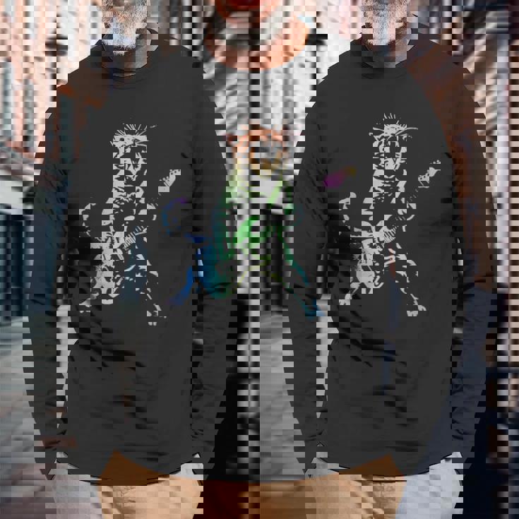 虹色グラデーションの猫のギターデザイン 長袖Tシャツ 高齢者への贈り物