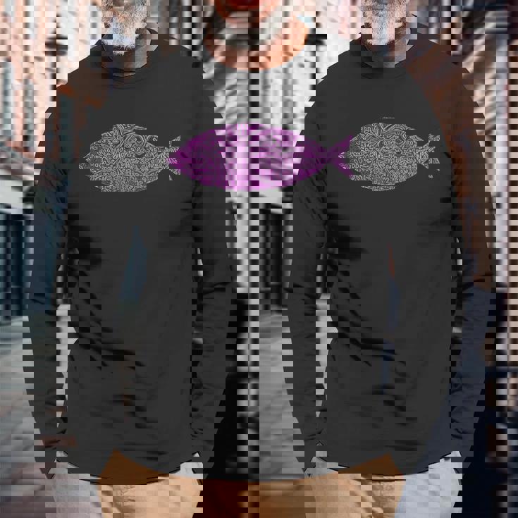 複雑なピンクの魚のイラスト 葉の付いた芸術的なデザイン 長袖Tシャツ 高齢者への贈り物