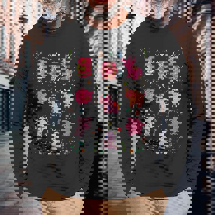 豚のかわいい刺しゅう 豚の恋人 長袖Tシャツ 高齢者への贈り物