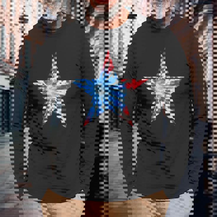 赤白と青 タイダイ 星 長袖Tシャツ 高齢者への贈り物