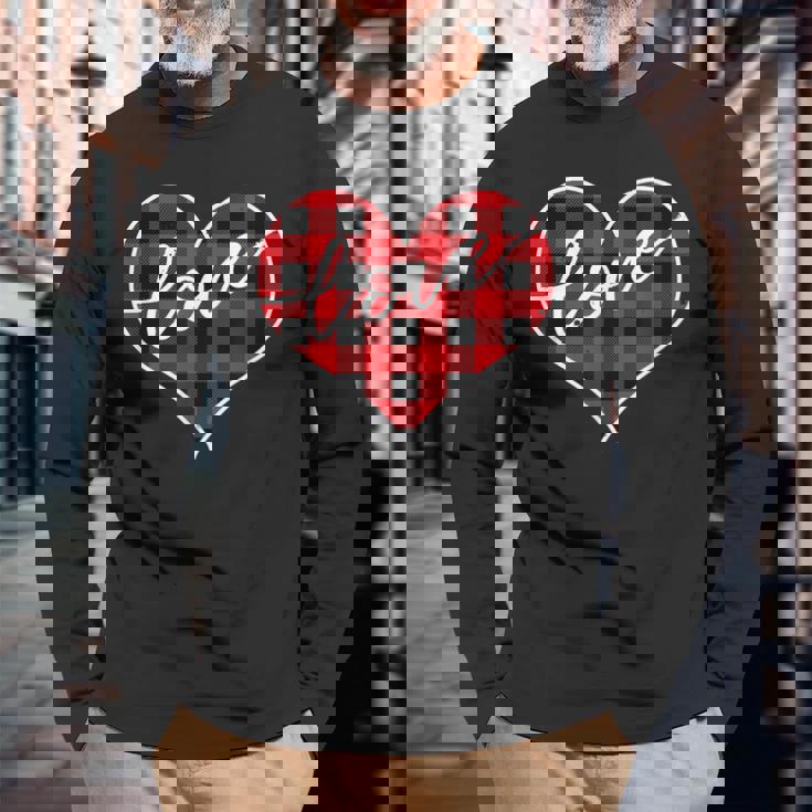 赤黒チェックハート「Love」 長袖Tシャツ 高齢者への贈り物