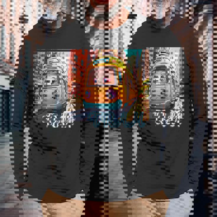 路面電車 Tram かわいい乗り物 おもちゃの乗り物 漫画風電車 鉄道ファン 鉄道旅行 鉄道模型ファン 鉄道風景 長袖Tシャツ 高齢者への贈り物