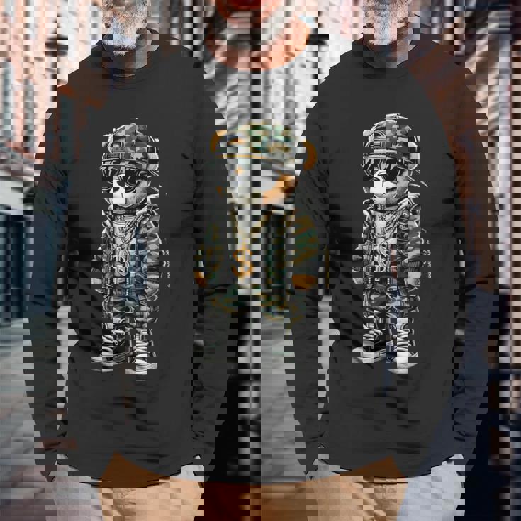 迷彩 ヒップホップ テディベア 迷彩 長袖Tシャツ 高齢者への贈り物