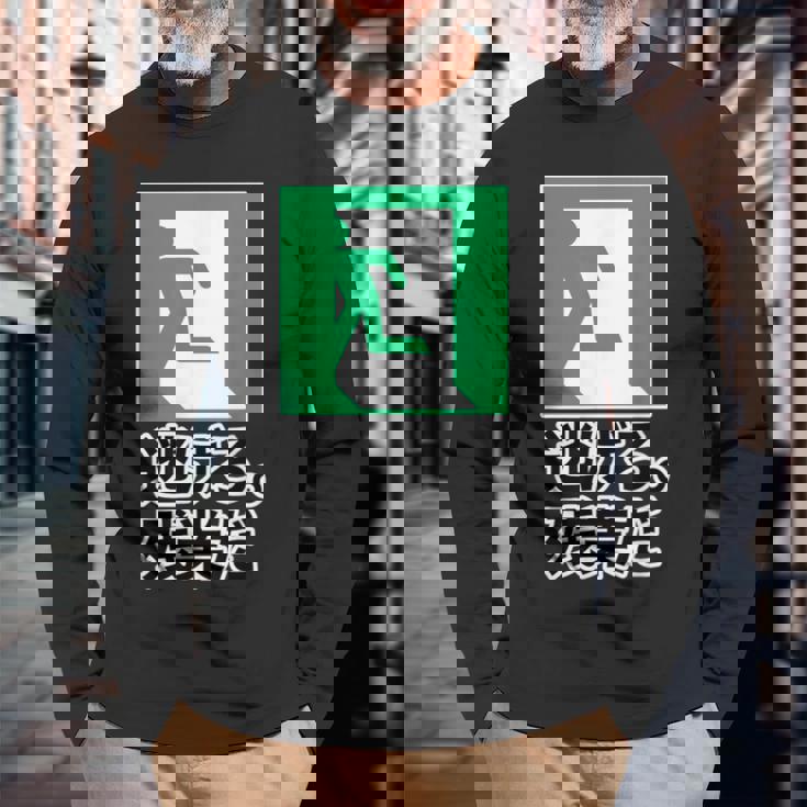 逃げろ。残業だ（非常口）イラスト（Stop！残業）【変なデザイン屋さん】 パロディ 面白い デザイン 長袖Tシャツ 高齢者への贈り物