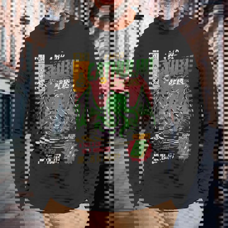 野生のカトゥルフが現れる猫か怪物か変な猫-クトゥルフ 長袖Tシャツ 高齢者への贈り物