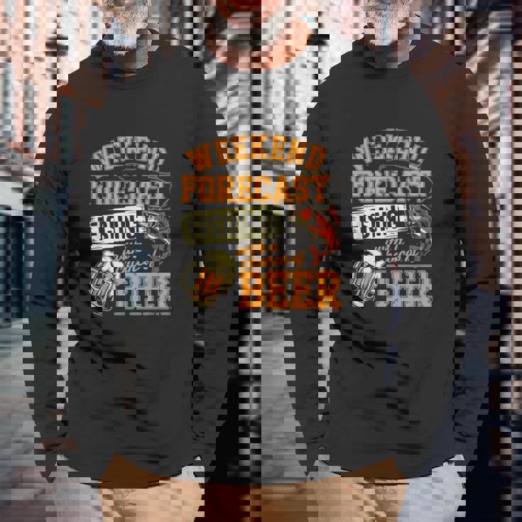 釣り人のための面白い釣りとビールの週末予報 長袖Tシャツ 高齢者への贈り物