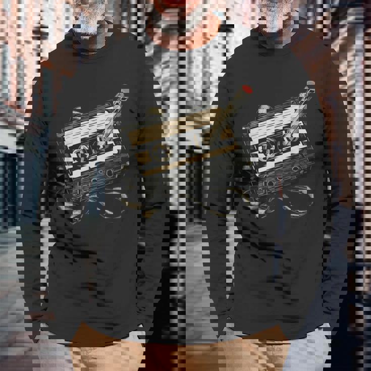 鉛筆巻き戻し付きレトロカセットテープ 長袖Tシャツ 高齢者への贈り物