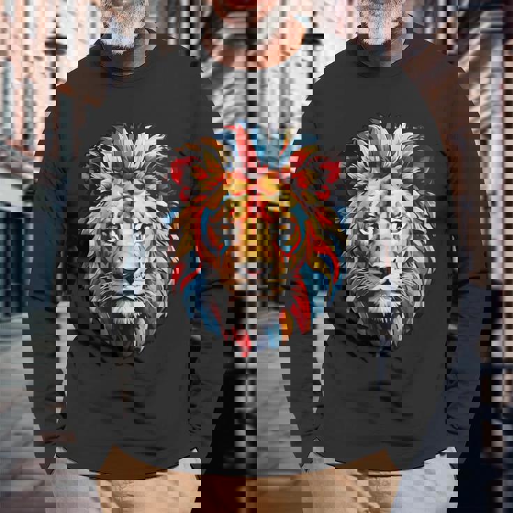 雄大なライオンヘッド 赤、黄、青の芸術的なたてがみ 長袖Tシャツ 高齢者への贈り物