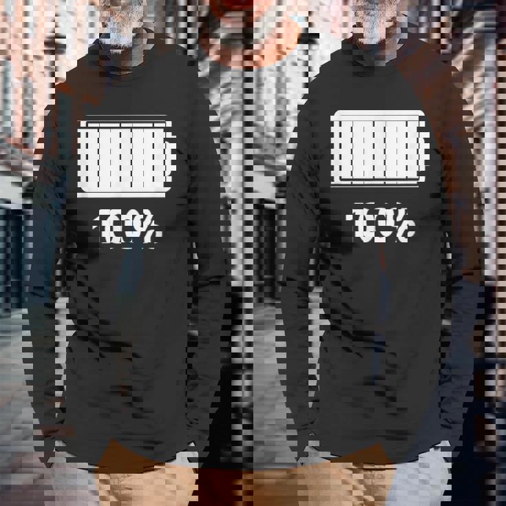 電池【100】バッテリー おもしろ 面白い ギャグ ネタ ウケ狙い 笑える ユーモア お笑い 個性的な 長袖Tシャツ 高齢者への贈り物