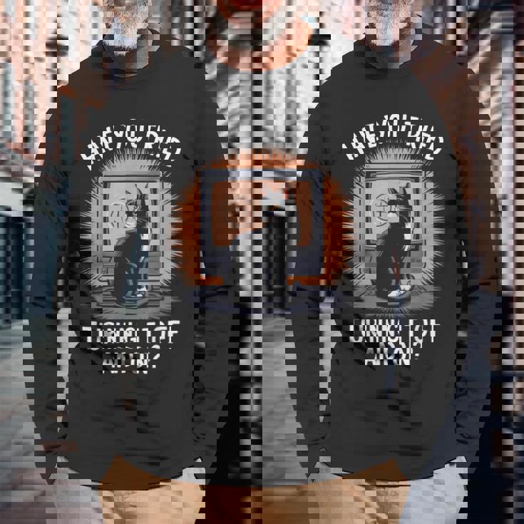 電源を切ってオンにしてみましたか猫が大好きなitコンピューター 長袖Tシャツ 高齢者への贈り物