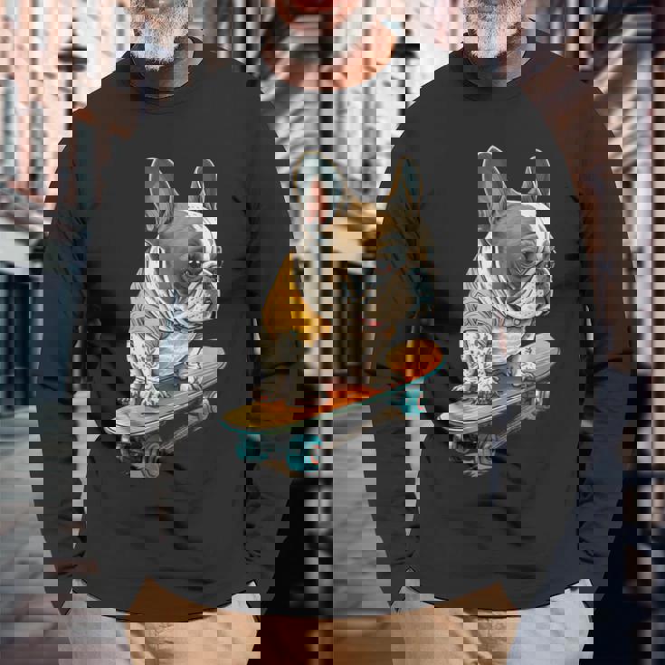 面白い フレンチブルドッグ スケートボード スケーター 犬 イングリッシュドッグ 長袖Tシャツ 高齢者への贈り物