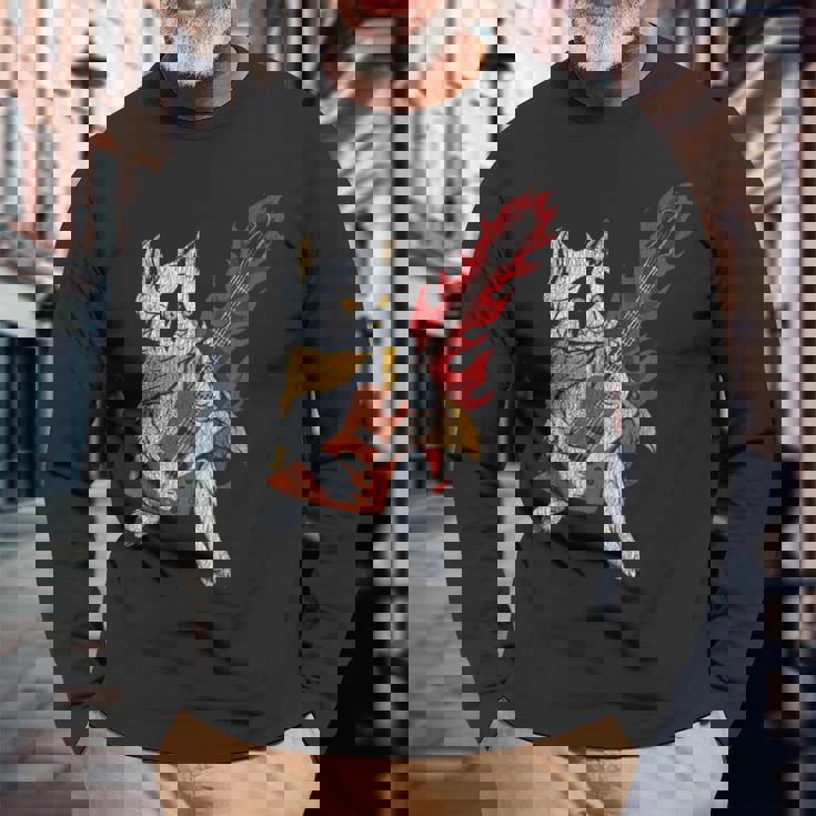 面白い ベースシスト 猫 ギフト ファイヤー 楽器 ベース ギター 長袖Tシャツ 高齢者への贈り物