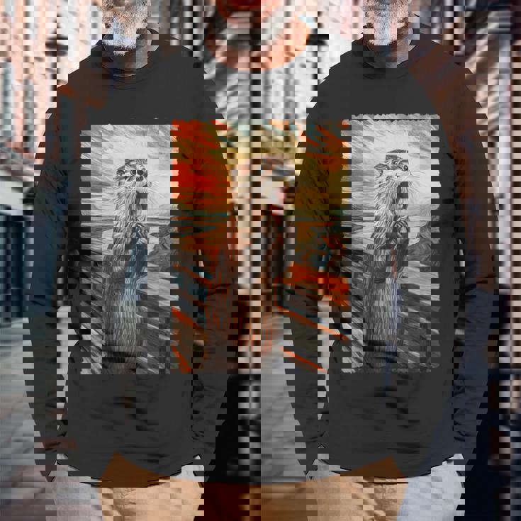 面白い レトロ ムンク 悲鳴 芸術的 絵画 パロディ カワウソ 恋人 長袖Tシャツ 高齢者への贈り物