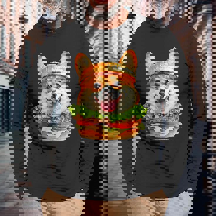 面白いtシャツ コーギー 犬 ハンバーガー メンズ 犬好き グッズ かわいい おもしろ 面白い 服 ネタ 長袖Tシャツ 高齢者への贈り物