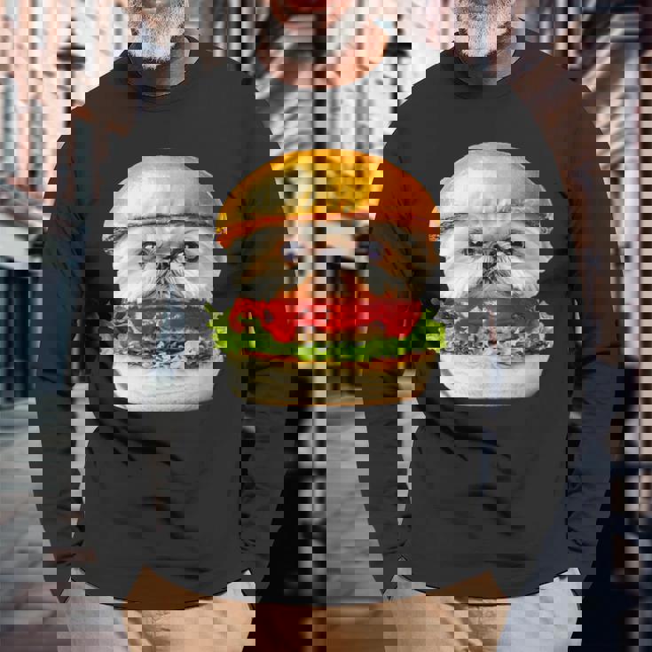 面白いtシャツ シーズー 犬 ハンバーガー メンズ 犬好き グッズ かわいい おもしろ 面白い 服 ネタ 長袖Tシャツ 高齢者への贈り物