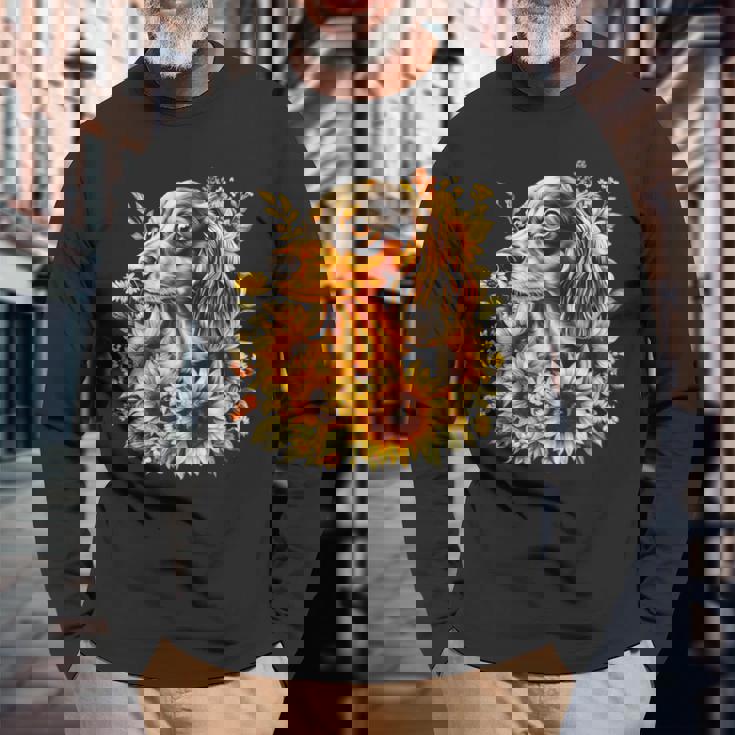 面白いtシャツ ダックスフンド ひまわり わんこ メンズ グッズ かわいい おもしろ 面白い 服 ネタ 長袖Tシャツ 高齢者への贈り物