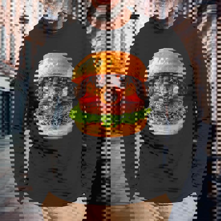 面白いtシャツ ダックスフンド 犬 ハンバーガー メンズ グッズ かわいい おもしろ 面白い 服 ネタ 長袖Tシャツ 高齢者への贈り物