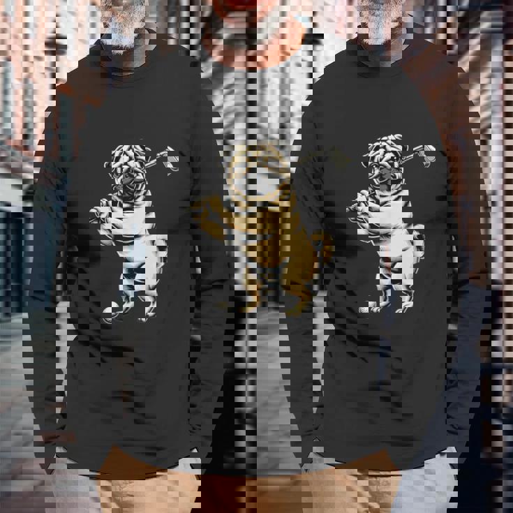 面白いtシャツ パグ ゴルフ イヌ わんこ メンズ 犬好き グッズ かわいい おもしろ 面白い 服 ネタ 長袖Tシャツ 高齢者への贈り物