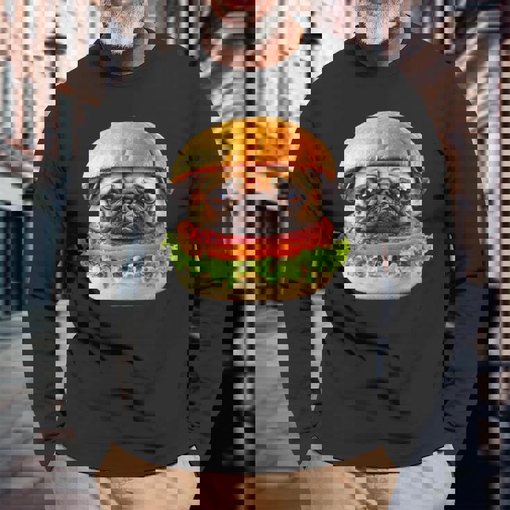 面白いtシャツ パグ 犬 ハンバーガー メンズ 犬好き グッズ かわいい おもしろ 面白い 服 ネタ 長袖Tシャツ 高齢者への贈り物