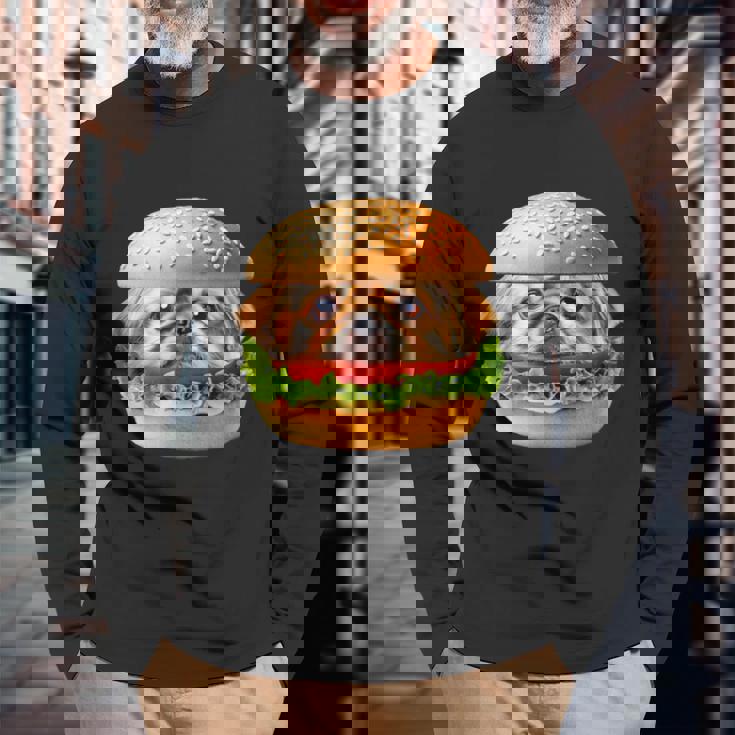 面白いtシャツ ペキニーズ 犬 イヌ ハンバーガー メンズ グッズ かわいい おもしろ 面白い 服 ネタ 長袖Tシャツ 高齢者への贈り物