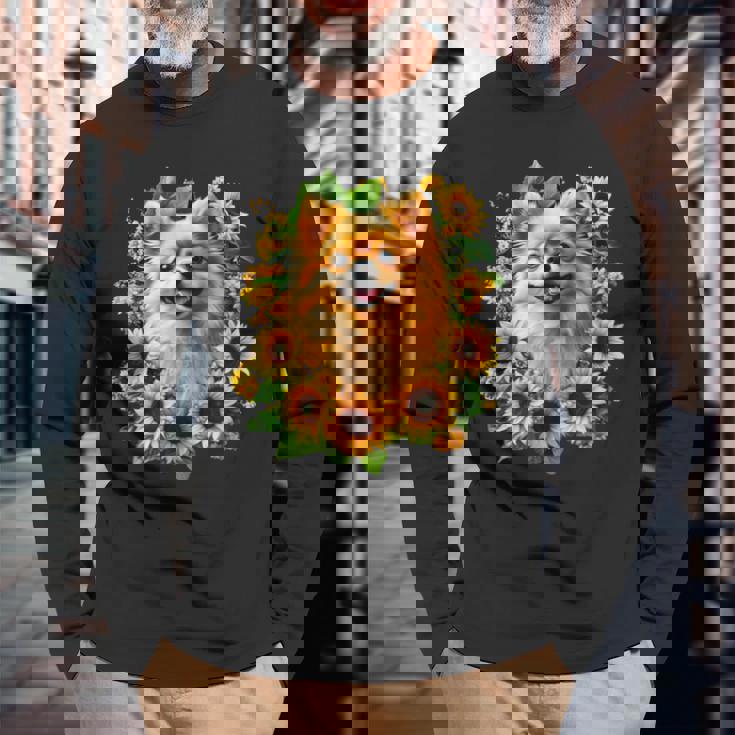 面白いtシャツ ポメラニアン ひまわり わんこ メンズ 犬好き グッズ かわいい おもしろ 面白い 服 ネタ 長袖Tシャツ 高齢者への贈り物