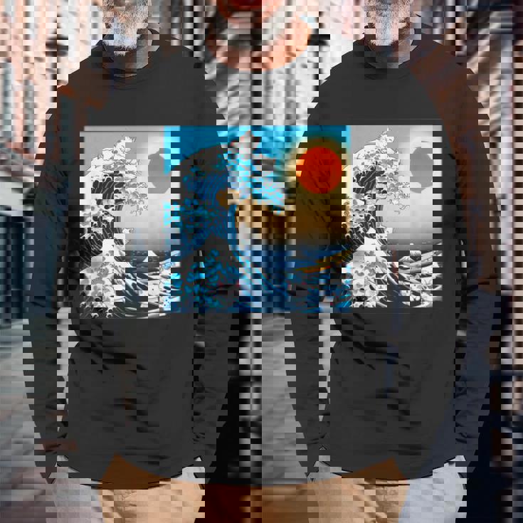 面白いtシャツ 猫 ネコ 浮世絵 海 メンズ 猫好き グッズ おもしろ 面白い 服 ネタ にゃんこ 猫の下僕 長袖Tシャツ 高齢者への贈り物