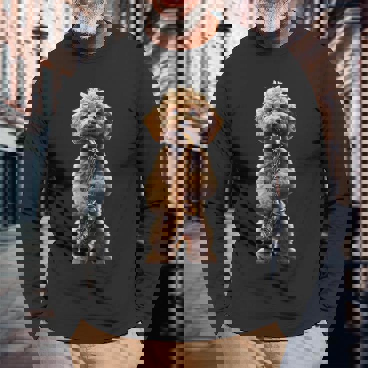 面白いオーケストラ サクソフォン ミュージシャン 落書き 犬 サックス 長袖Tシャツ 高齢者への贈り物