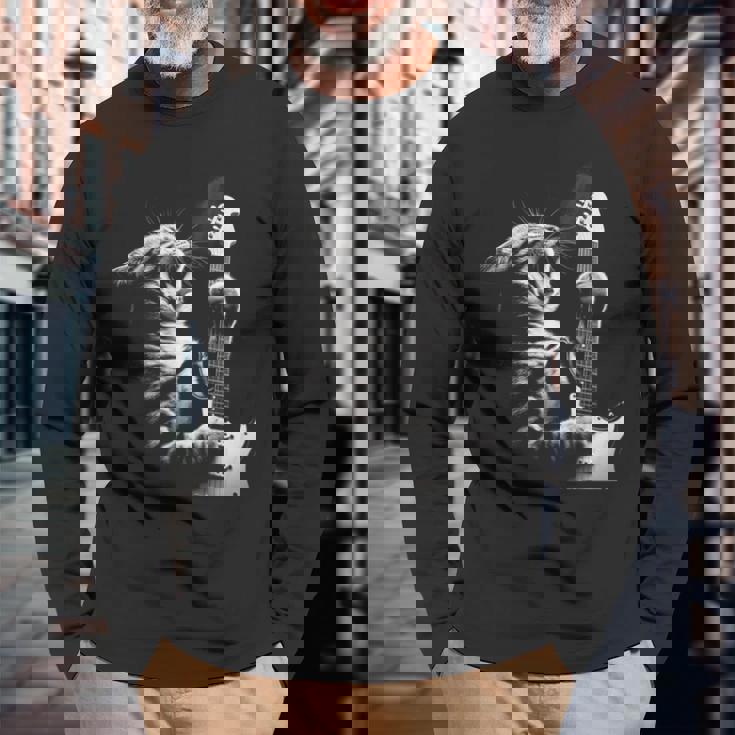 面白いギター 猫 ギターを弾く 長袖Tシャツ 高齢者への贈り物