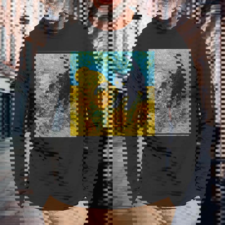 面白いゴッホのひまわり、猫のミーム、黒猫のアート。 長袖Tシャツ 高齢者への贈り物