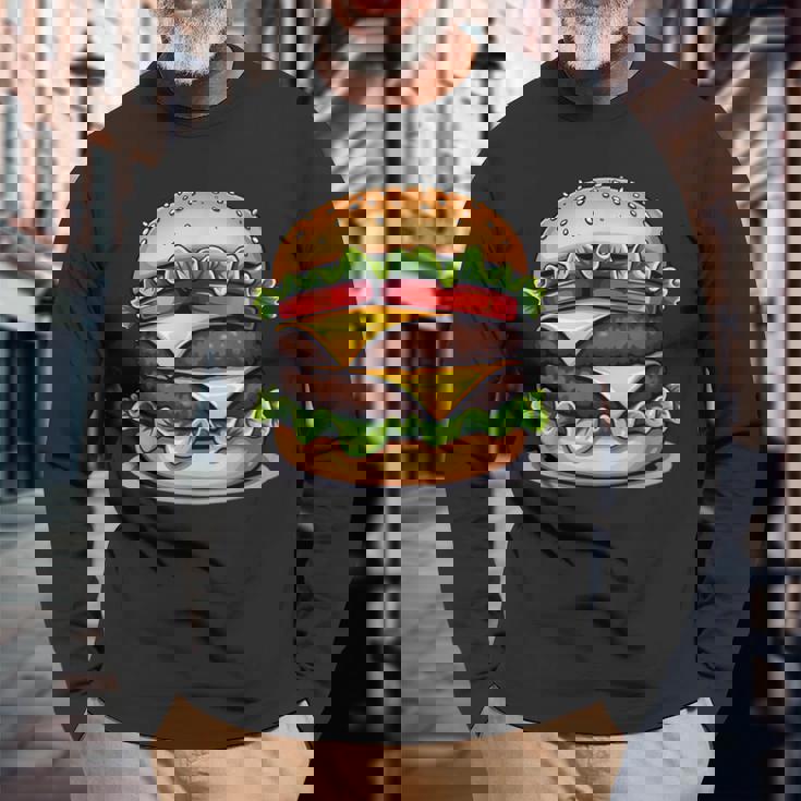 面白いチーズバーガーハンバーガーデザイン キッズ 男女兼用 長袖Tシャツ 高齢者への贈り物