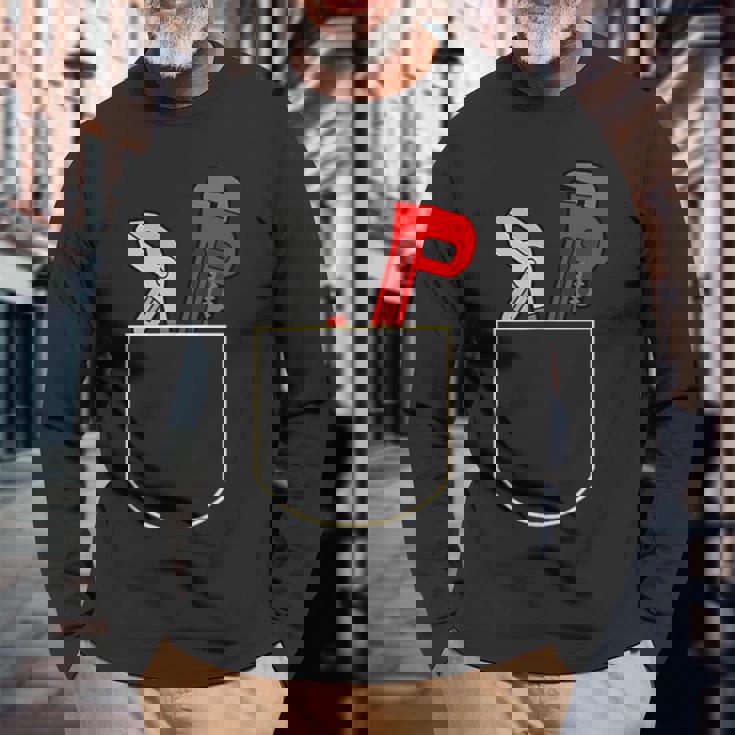 面白いパイプレンチ ポケット入り ギフト 配管工ポケット 長袖Tシャツ 高齢者への贈り物