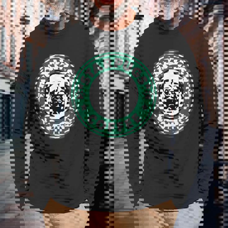 面白いパグ&コーヒー 長袖Tシャツ 高齢者への贈り物
