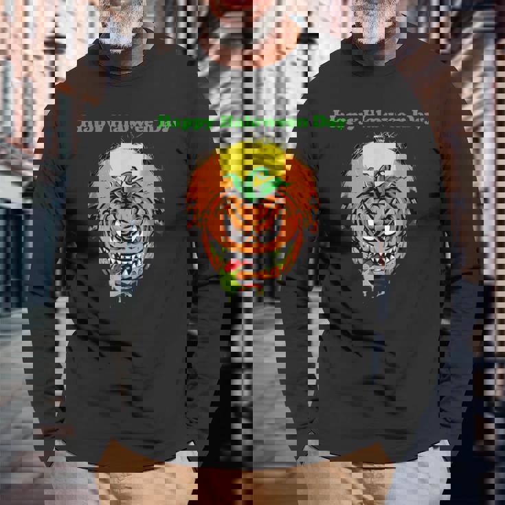 面白いパンプキン&ムーン ハッピーハロウィンデー 長袖Tシャツ 高齢者への贈り物