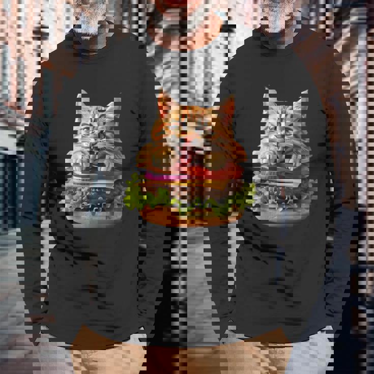 面白いファーストフードハンバーガー愛好家猫猫愛好家 Britishhorthair Burger Cat Food 長袖Tシャツ 高齢者への贈り物