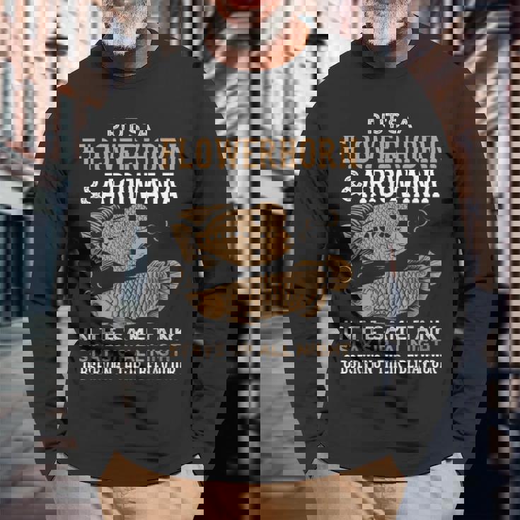 面白いフラワーホーンとアロワナのデザイン 魚族館 長袖Tシャツ 高齢者への贈り物