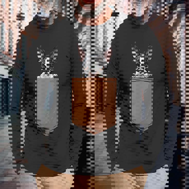 面白いボストンテリア 犬のポケットデザイン ボストンテリア愛好家 長袖Tシャツ 高齢者への贈り物