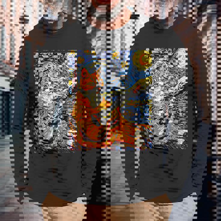 面白いレトロなデザインの猫がギターを弾く 星月夜 長袖Tシャツ 高齢者への贈り物