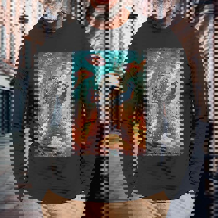 面白いレトロな日本の怪獣モンスターカワウソの自撮り写真東京ufo 長袖Tシャツ 高齢者への贈り物