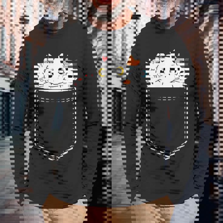 面白い猫 ポケット かわいい カワイイ キティ ラブ キャット ポケット付き 長袖Tシャツ 高齢者への贈り物