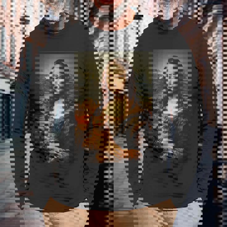 面白い猫 モナリザ 絵画 アート ママ お父さん 長袖Tシャツ 高齢者への贈り物