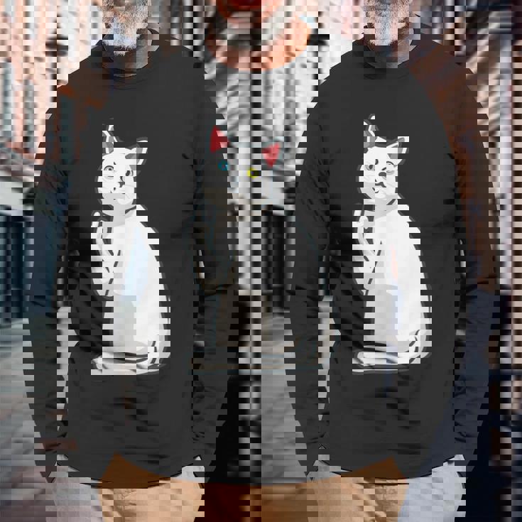 面白い猫 中指 オッドアイドキャット キティ 長袖Tシャツ 高齢者への贈り物