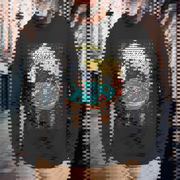 面白い猫のグラフィックプレイの猫ポーカープレイヤーは深刻なポーカーをプレイします 長袖Tシャツ 高齢者への贈り物