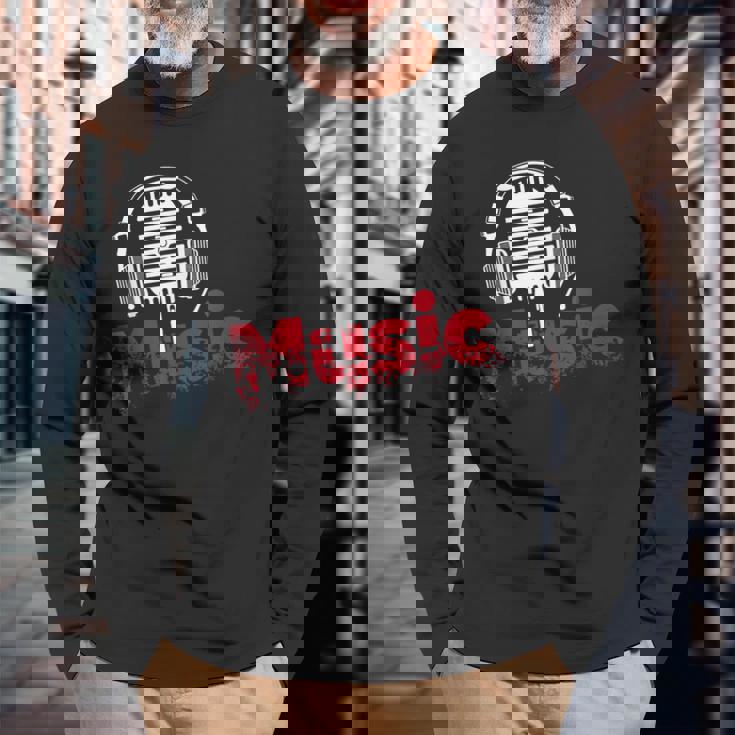 音楽 マイク ヘッドホン 日常 テキスト シンプル レトロ 長袖Tシャツ 高齢者への贈り物