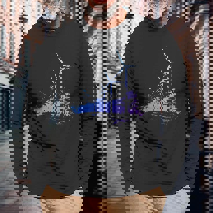 風力発電所 風車 タービン 再生可能エネルギー 長袖Tシャツ 高齢者への贈り物