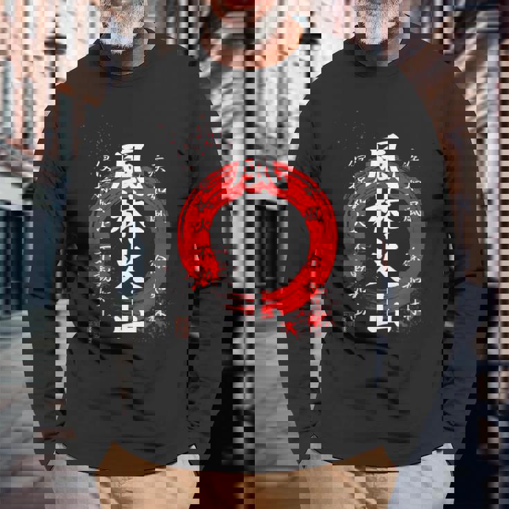 風林火山 武田信玄 武士漢字 赤円相 書道スタイル 長袖Tシャツ 高齢者への贈り物